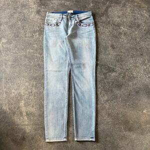 Roxy Embroidered Denim Jeans Womens 7 Blue Pants Light Wash Slim Stretch 28x31